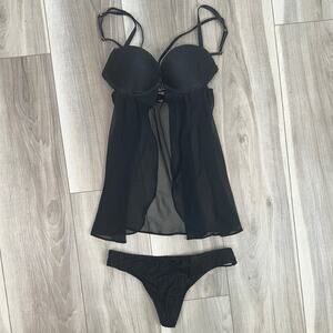 Victoria’s Secret black lace sheer mesh slip lingerie slip plus panty